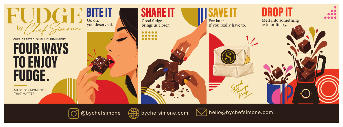 FUDGE by Chef Simone — Bite It, Share It, Save It, Drop It illustrated information card