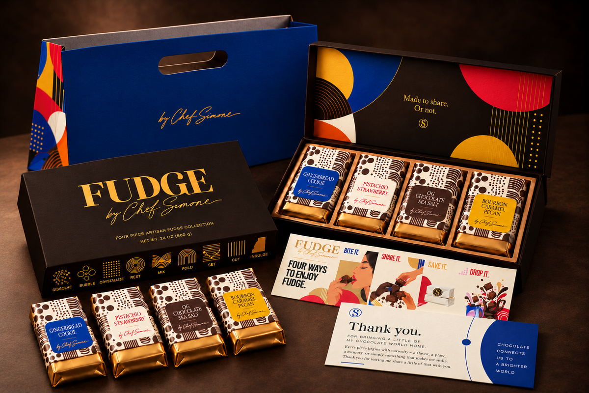 FUDGE four-piece gift box with individually wrapped pieces, gift bag and tasting cards