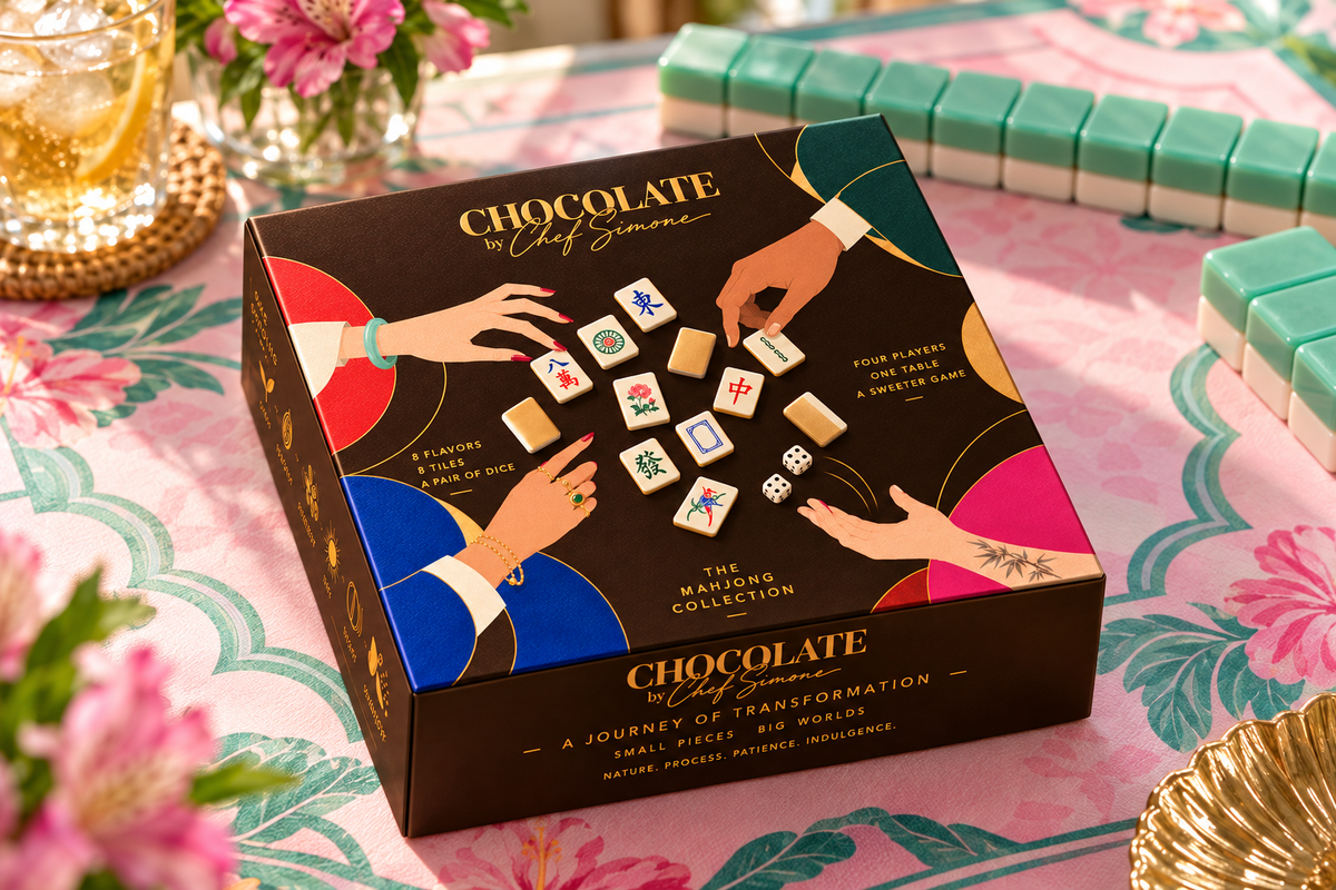 The Mahjong Collection closed gift box on a pink and green mahjong table