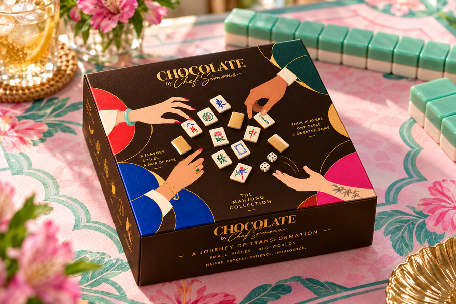 Approved rendering of The Mahjong Collection closed gift box on a pink and green mahjong table.